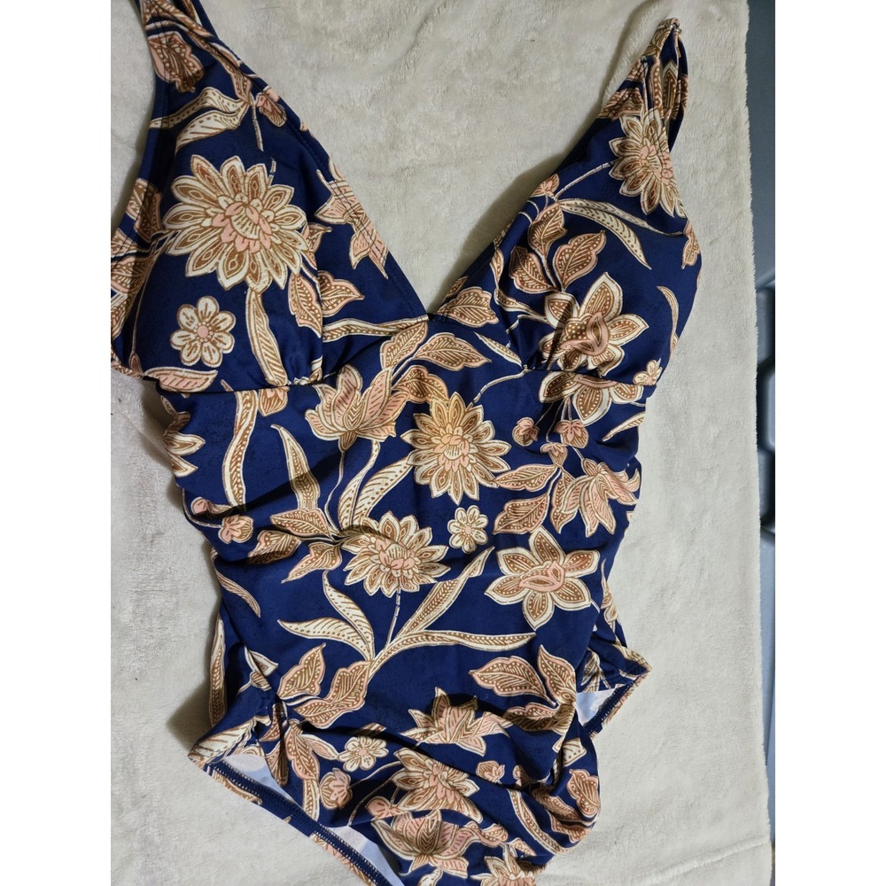 Cupshe L Navy Blue Floral 1 Pc Swimsuit Tummy Control Ruched Ruffled